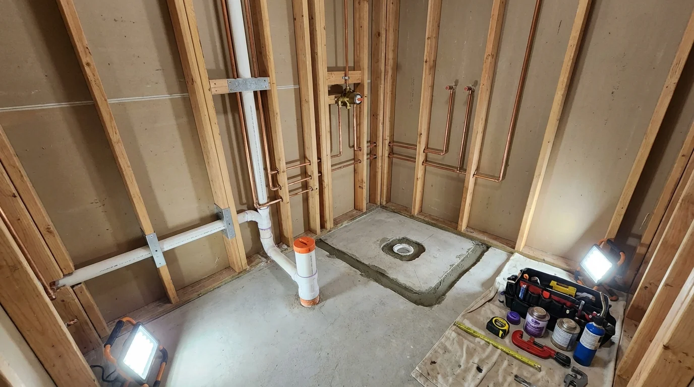 Bathroom rough-in plumbing during remodel by Johns Plumbing LLC in Beachwood