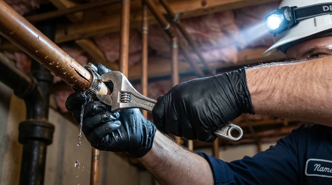 Emergency pipe clamp repair being performed by a Johns Plumbing LLC plumber in Beachwood