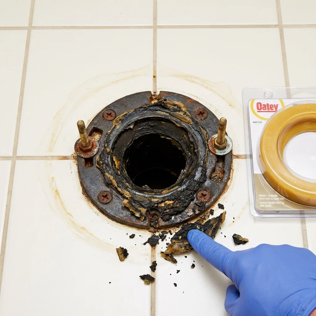 Failed wax ring showing water seepage at the base of a toilet in a Beachwood, NJ home