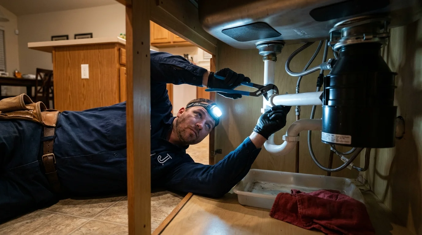 P-trap and supply line connections under a kitchen sink showing a common leak point in Beachwood, NJ