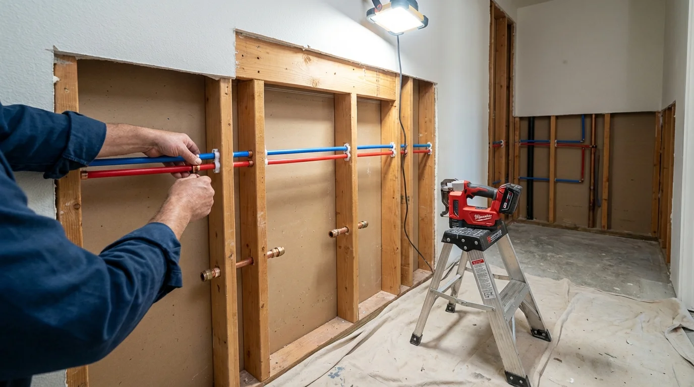 Old galvanized pipes being replaced with modern PEX piping during a whole-house repipe in Beachwood, NJ